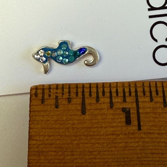 Sterling Silver Seahorse Stud Earrings Austrian Crystals Blue Glass Mosaico - Picture 5 of 5
